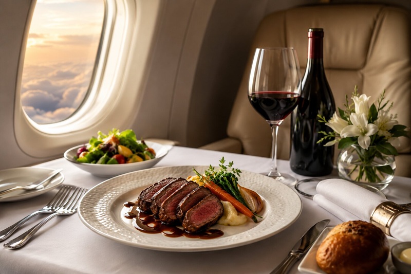 Exceptional In-Flight Catering with Wine and Beef